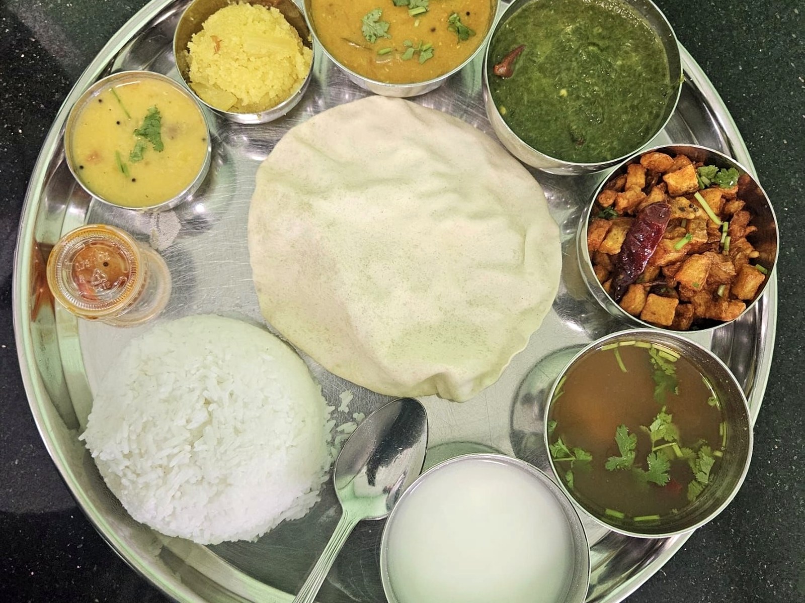 South Indian lunch thali served at Komala Vilas in Sunnyvale
