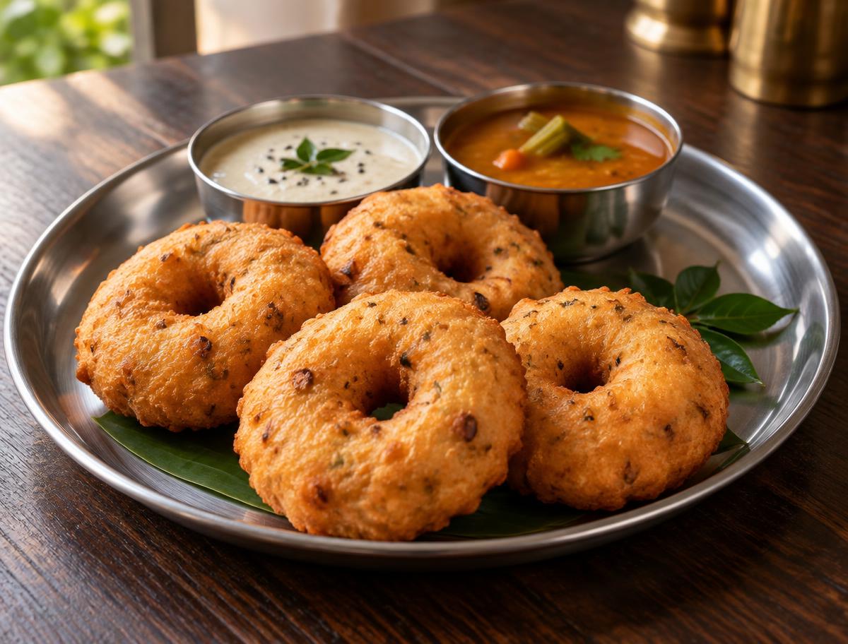 Golden medu vadas with chutney and sambar